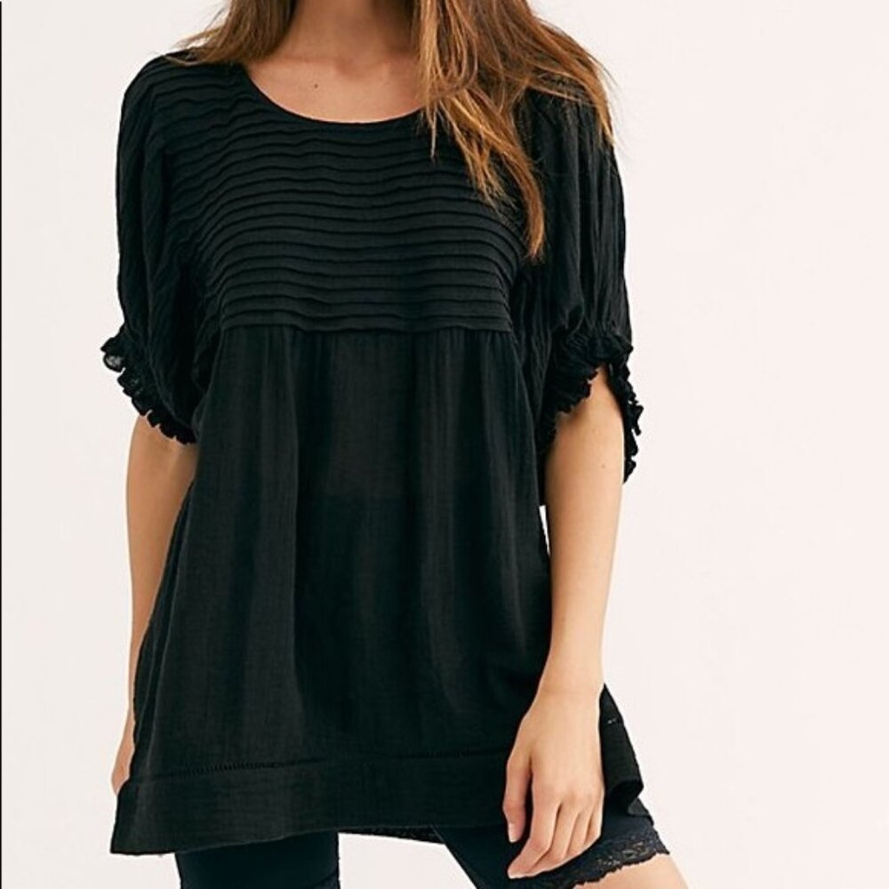 Women's FREE PEOPLE Black Elsie Tunic Peasant Top Linen Blend Shirt Size Large L